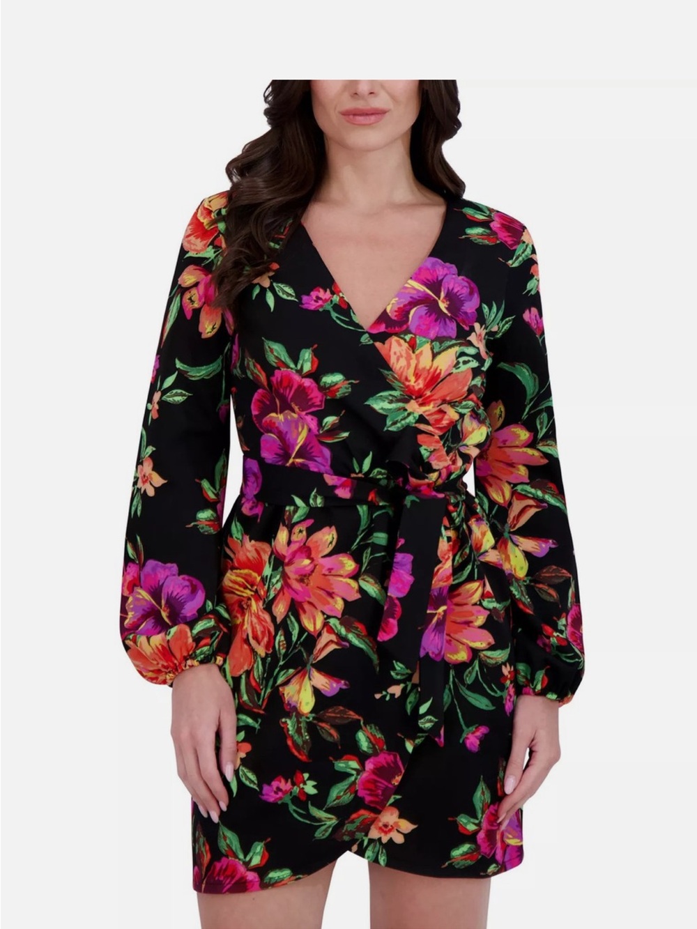 Siena Cocktail Dress Size 10 Black Floral Long Sleeve Belted Stretch NWOT